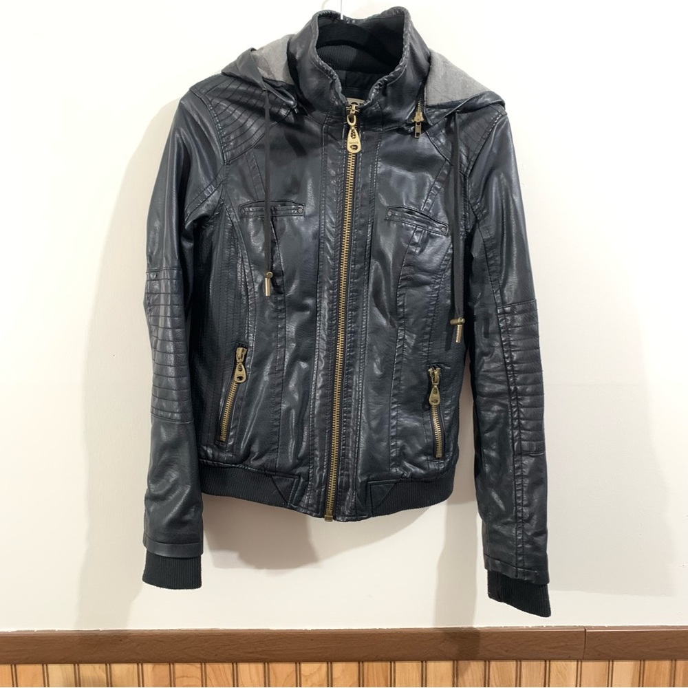 Garage Perfect Bomber Faux Leather Black Jacket w/ Removable Hood (Large)
